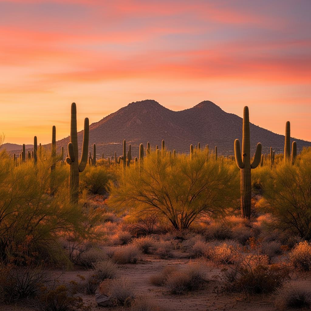 Saguaro cactus at sunset in the Arizona desert